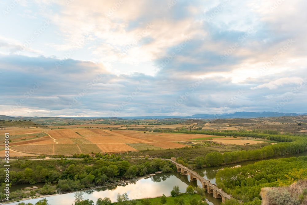 Landscape view of vineyards from the Castle of San Vicente de la Sonsierra in La Rioja, Spain