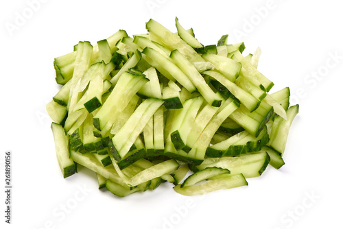 Sliced fresh cucumbers, close-up, isolated on white background