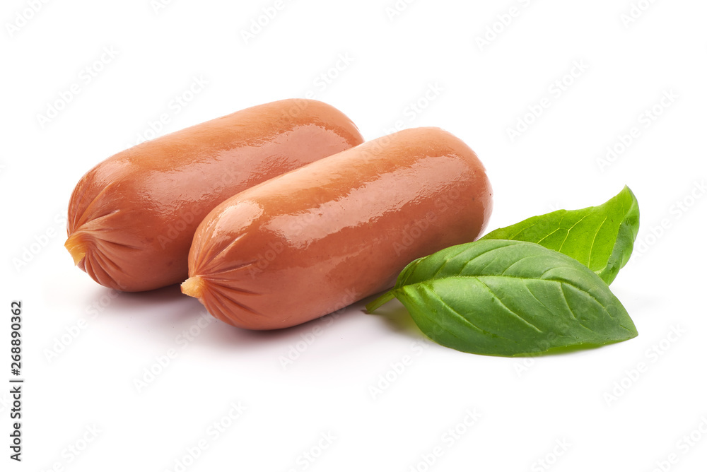Fresh boiled sausages with basil, close-up, isolated on white background