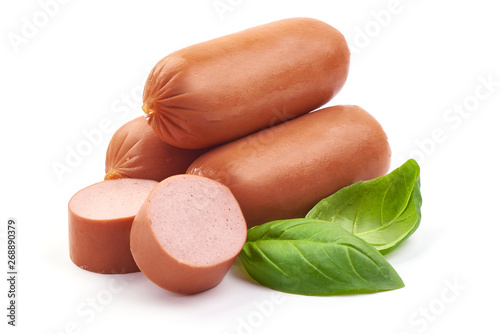 Bilde på lerret Fresh boiled sausages with basil, close-up, isolated on white background