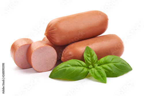Tasty fresh boiled sausages, close-up, isolated on white background