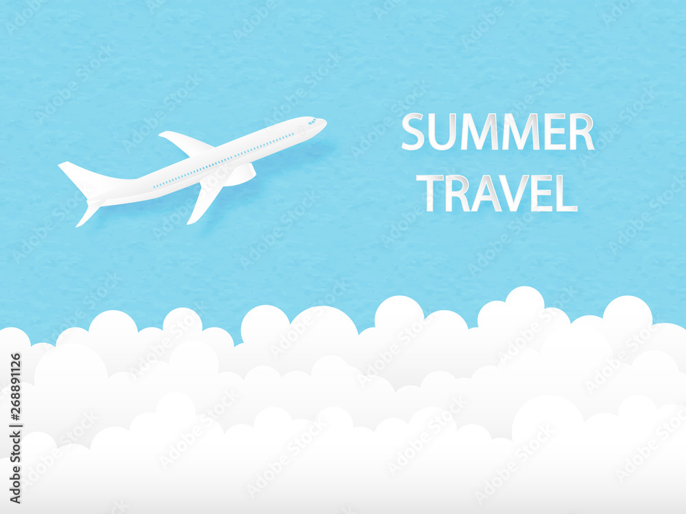 Summer travel concept airplane flying in the sky. Digital craft paper cut style. Vector illustration design. Summer travel concept airplane flying in the sky. Digital craft paper cut style. Vector illustration design.
