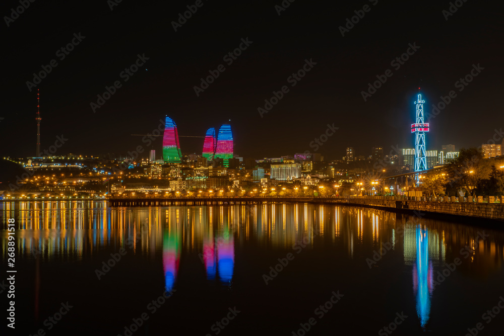 Baku, Azerbaijan, night city, three fire towers