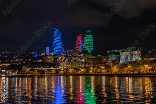 Baku, Azerbaijan, night city, three fire towers