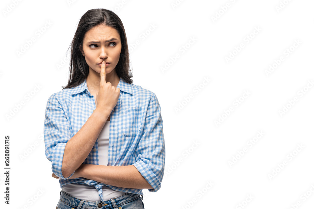 pensive girl with finger on mouth Isolated On White with copy space pensive girl with finger on mouth Isolated On White with copy space