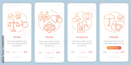 Ethical principles onboarding mobile app page screen vector template