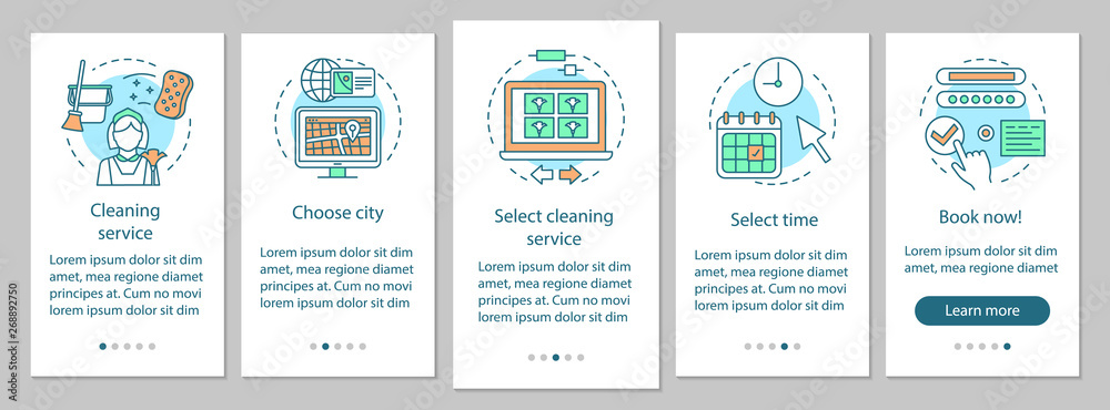 Cleaning service booking onboarding mobile app page screen, linear concepts