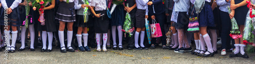 children enrolled in the first class with bouquets of flowers in the hands on the school solemn parade