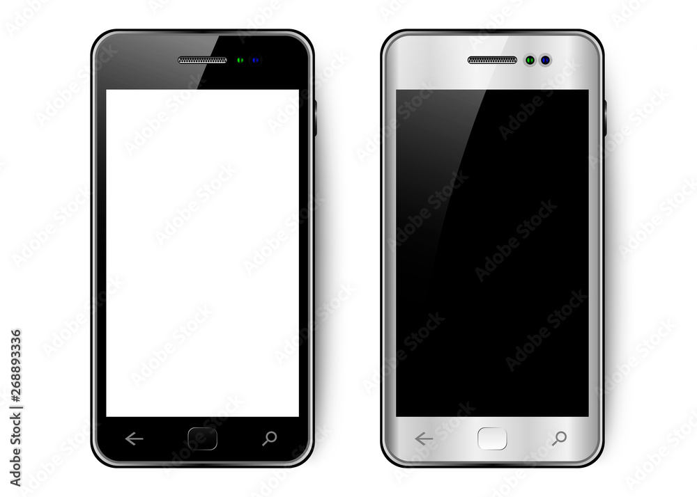 Black and white smartphone with shadow and glare, mobile phone with blank screen, isolated Black and white smartphone with shadow and glare, mobile phone with blank screen, isolated