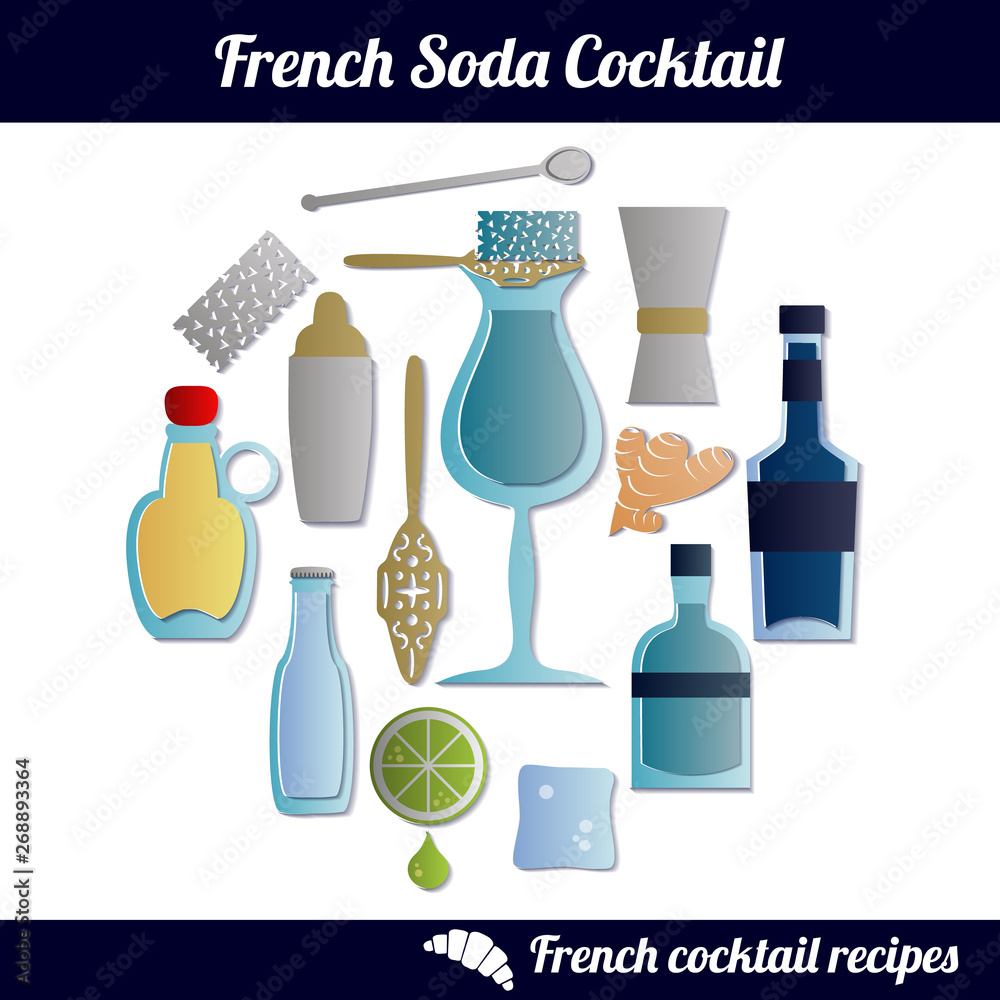 French Soda cocktail. Set of isolated elements on white background. Paper cut style French Soda cocktail. Set of isolated elements on white background. Paper cut style