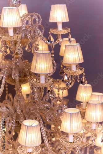 Chrystal chandelier close-up. Vintage crystal chandelier details