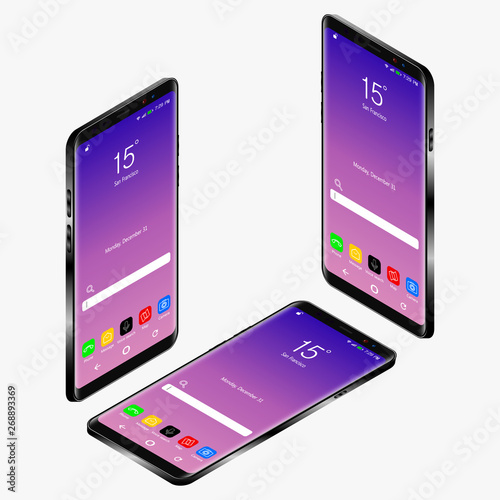 Smartphone mock-up, isometric and flat design styles. Cell phone. Flat isometric. Mobile device. Modern technologies  of communication and management. Black smartphone. Touchscreen display.