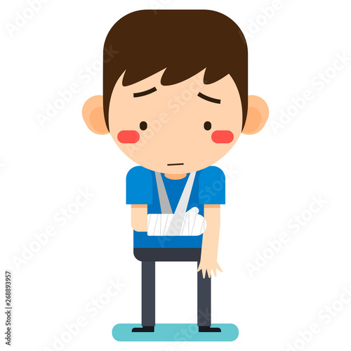 Tiny cute cartoon patient man character broken right arm in gypsum bandage or plastered arm_v2