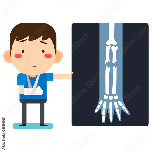 Tiny cute cartoon patient man character broken right arm in gypsum bandage or plastered arm and x-ray_v2