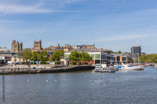 BRISTOL, UK - MAY 14 : View along the River Avon in Bristol on May 14, 2019. Unidentified people