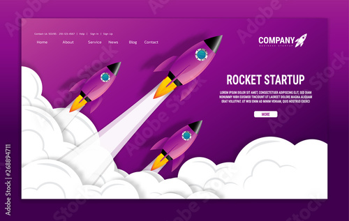 Website landing home page with rocket. Business project startup and development modern flat background. Mobile web design template. Web banner design. Startup concept. 