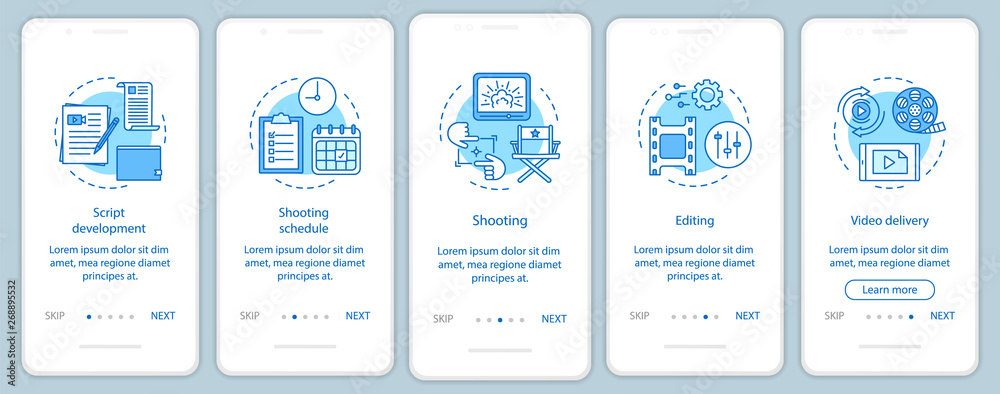 Video production onboarding mobile app page screen vector template