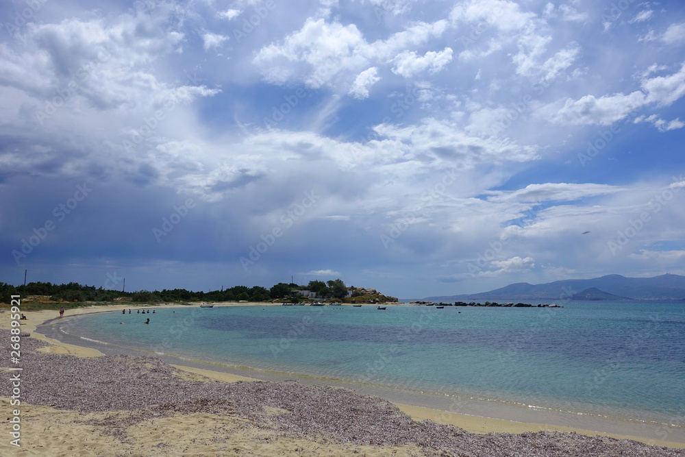 Photo from famous beach of Agia Anna with turquoise clear sea, Naxos island, Cyclades, Greece