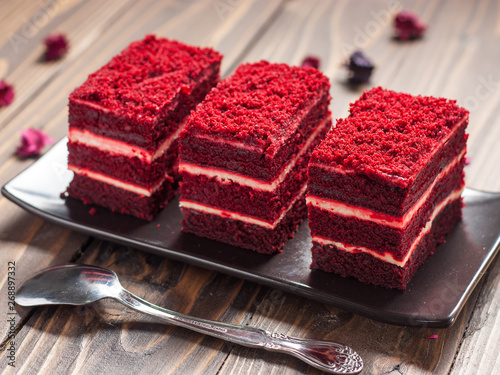 Red velvet cake on wood board