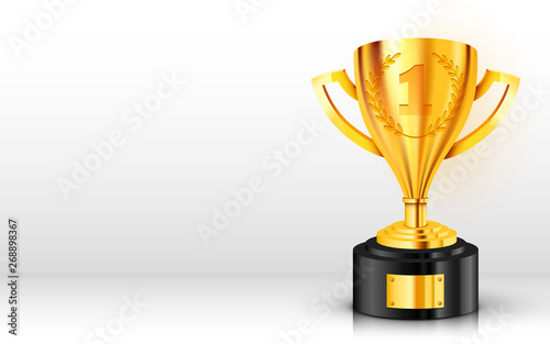 Realistic Golden Trophy with text place. Award cup
