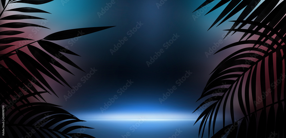 Background of the dark room, tunnel, corridor, neon light, lamps, tropical leaves. Abstract background with new light. 3D rendering Background of the dark room, tunnel, corridor, neon light, lamps, tropical leaves. Abstract background with new light. 3D rendering