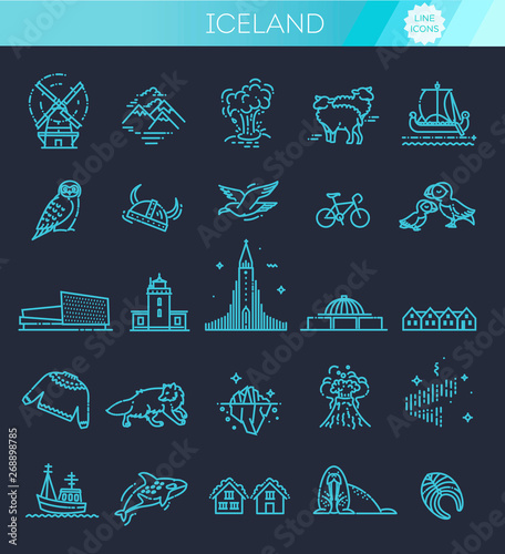 Iceland icons. Tourism and attractions, thin line design