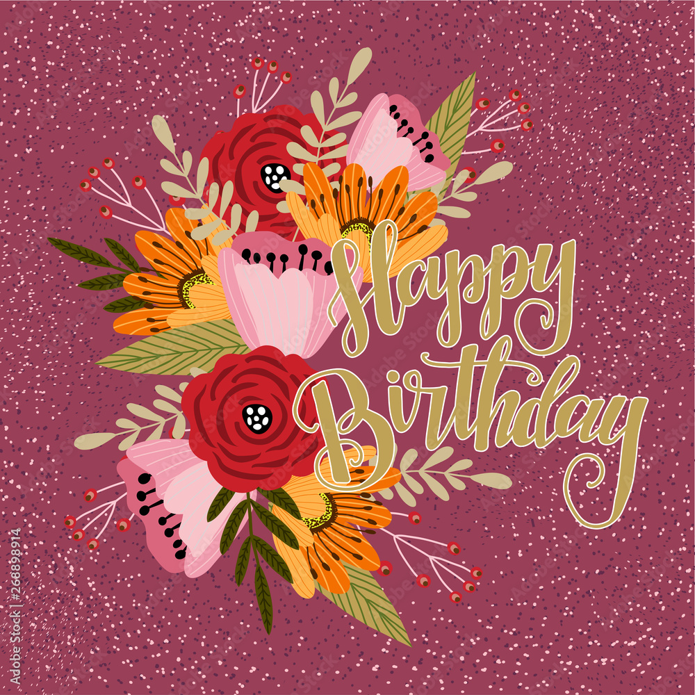 Happy birthday, Floral hand draw design concept, Doodle Flowers with text on a dark background, vector