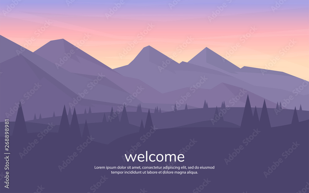 Plakat Vector minimalistic landscape. Mountains and woods. Polygon concept. flat style Abstract background. Panoramic wallpapers