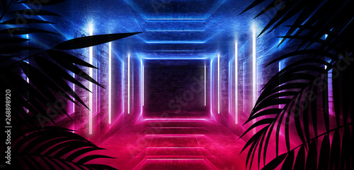 Background of the dark room, tunnel, corridor, neon light, lamps, tropical leaves. Abstract background with new light. 3D rendering