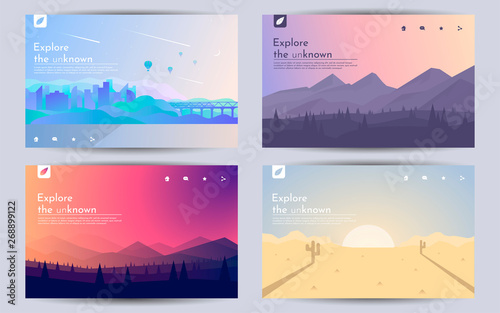 A set of landscapes. Templates of web pages in in a minimalist style. Natural backgrounds in a flat style. City by the water in a flat futuristic style with transport links. Mountains,woods, desert