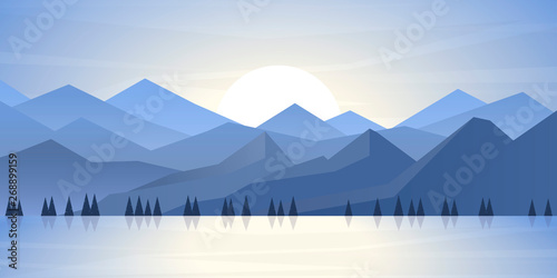Vector minimalistic landscape. Mountains and woods near the water. Polygon concept. flat style Abstract background. Panoramic wallpapers.