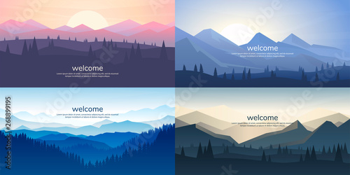 A set of mountain vector landscapes in a flat style. Natural wallpapers are a minimalist, polygonal concept. Sunrise, misty terrain with slopes, mountains near the forest