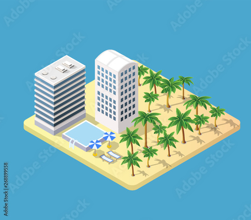 Isometric 3d hotel with a palm trees and umbrellas of urban infrastructure vector architecture. Modern white illustration for game design and business form backgroun