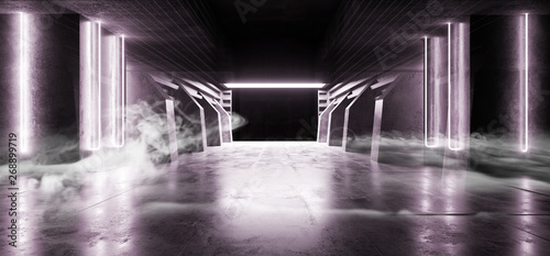 Future Sci Fi Smoke Neon Laser Spaceship Future Dark Corridor Glowing Purple Red Blue  Concrete Grunge Hallway Virtual Reality Vibrant Fluorescent Space Underground Garage 3D Rendering © IM_VISUALS