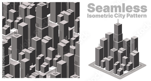 Isometric set background seamless city downtown skyscrapers and high-rise buildings.