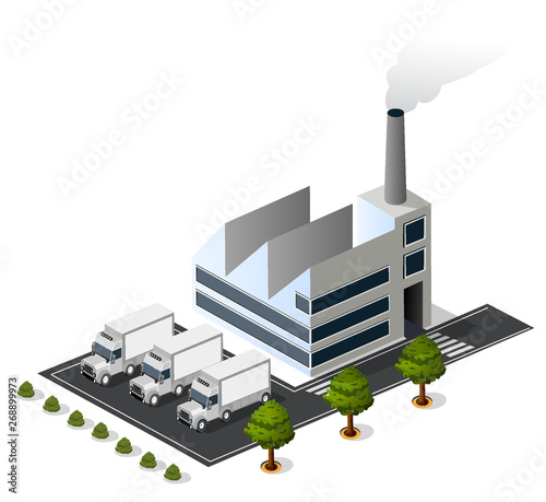 Isometric 3D city urban factory icon building, power plant, van trailer, warehouse