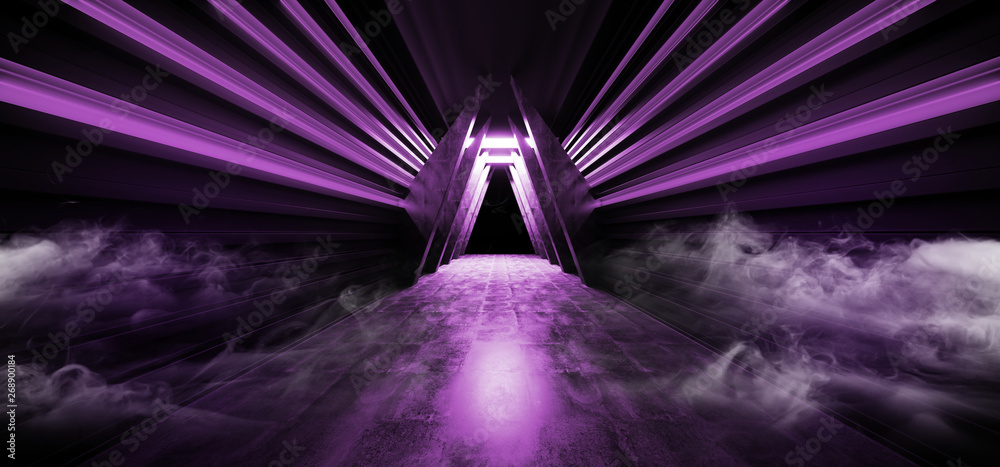 Sci Fi Smoke Futuristic Fog Steam Triangle Shaped Purple Violet Glowing Neon Fluorescent Laser Portal Gate Light In Dark Concrete Metal Corridor Tunnel 3D Rendering