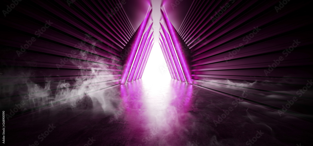 Naklejka Sci Fi Smoke Futuristic Fog Steam Triangle Shaped Purple Pink Glowing Neon Fluorescent Laser Portal Gate Light In Dark Concrete Metal Corridor Tunnel 3D Rendering