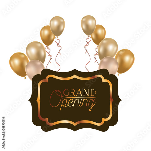 frame and helium balloons with label grand opening