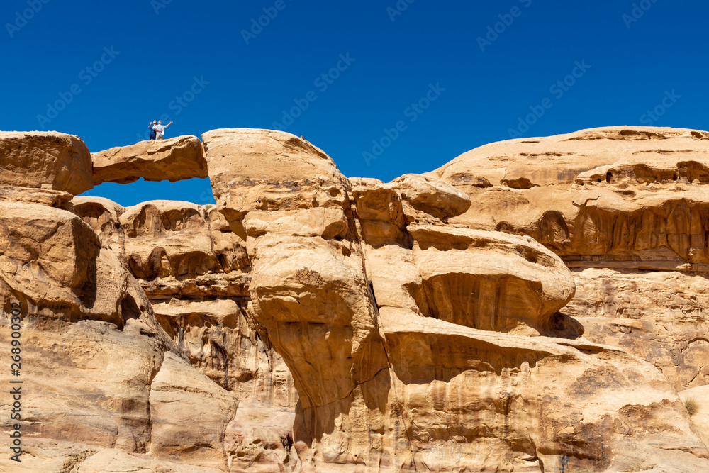 Fototapeta premium Panoramic view of the Wadi Rum desert, Jordan. Blue sky at summer time.