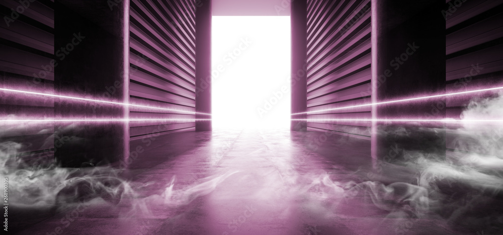 Stage Futuristic Sci Fi Smoke Neon Laser Spaceship Future Dark Corridor Glowing Pink Concrete Grunge Hallway Vibrant Fluorescent Space Underground Garage 3D Rendering