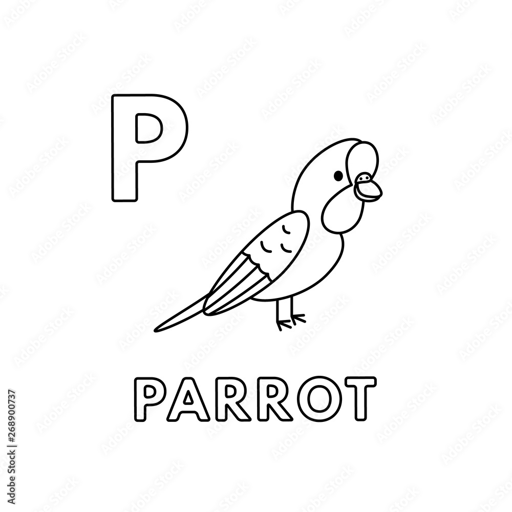Naklejka premium Vector Cute Cartoon Animals Alphabet. Parrot Coloring Pages