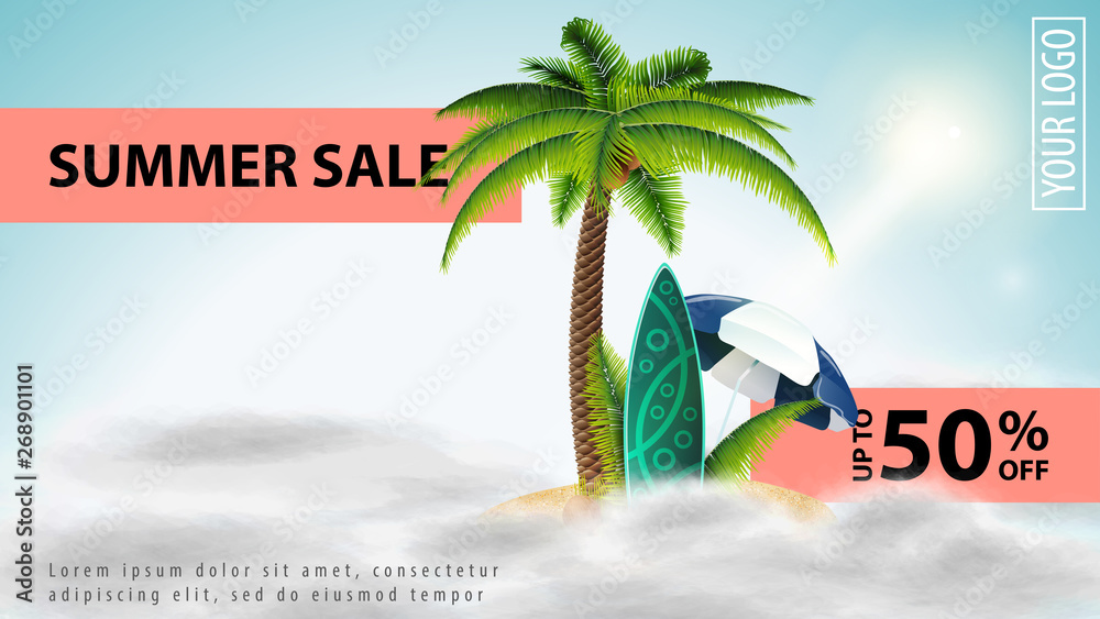 Summer sale, light discount web banner for your website with palm, coconuts, beach umbrella and surf Board