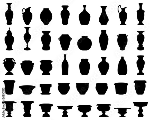 Black silhouettes of pottery, jars, bowls and vases