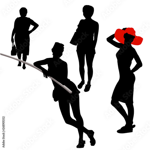 Four silhouettes of women of different ages. A silhouette in a red hat dress stands sideways. Aged woman leaves. Girl with a bag over her shoulder. Silhouette of a young girl leaning on the railing.