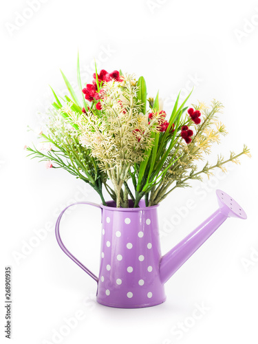 Plastic flower decorate in watering can isolated on white background