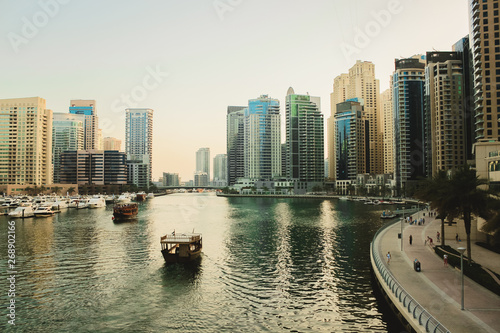 Dubai Marina district at sunset time. Dubai at May 2019.