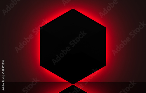 3d rendering. Empty black hexagon shape space frame with red neon light retro design stage wall background.