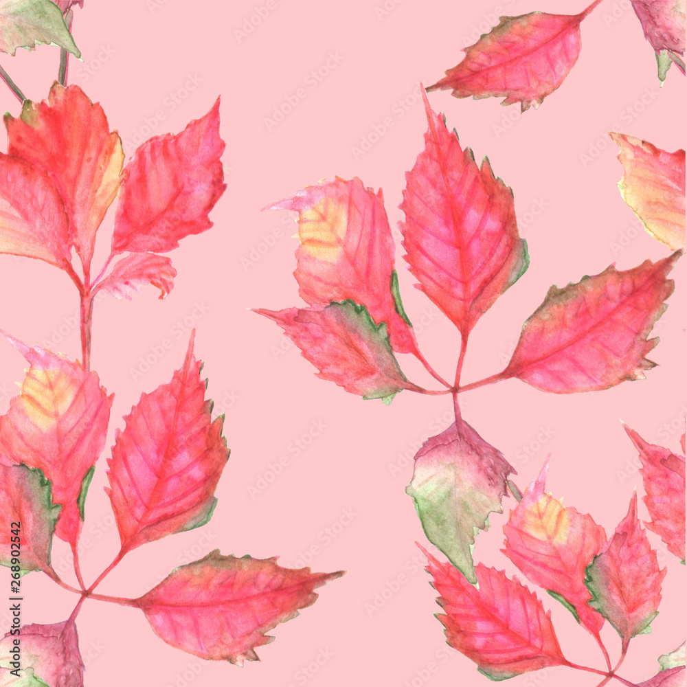 Seamless pattern with red leaves. Watercolor.