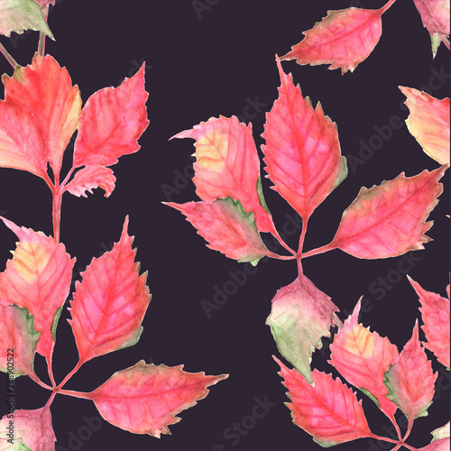 Seamless pattern with red leaves. Watercolor.